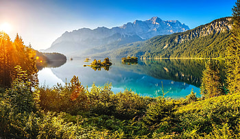 Morning tranquility, tranquility, island, rays, morning, beautiful, sunrise, serenity, mountain, lake, reflection, view, autumn, sky HD wallpaper