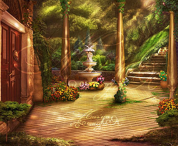 Backyard, stairs, plants, house, fountain, flowers HD wallpaper