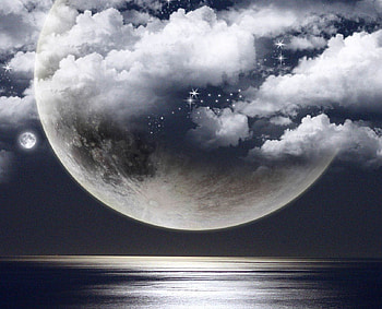 ~ UNIQUE ~, sea, star, reflection, planet, moon, fantasy, clouds, sky, fantasic HD wallpaper