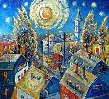 Xenia Gregory. city, painting, art, xenia gregory, sun, village HD wallpaper