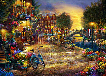 Amsterdam Cafe, houses, painting, artwork, bicycle, canal, bridge, flowers HD wallpaper