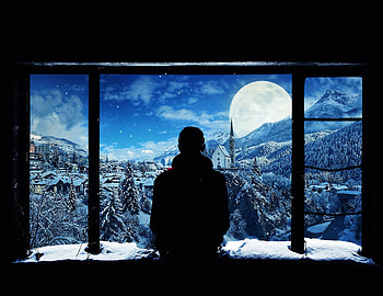 Mountains, Snow, Silhouette, Miscellanea, Miscellaneous, Window, Lonely, Alone HD wallpaper
