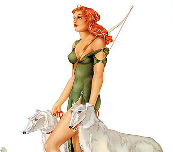 Diana, dog, pin-up, green dress, red hair, beauty, lady, painting, vintage, alberto vargas, white, art, archer, girl, woman, retro, barzoi, drawing HD wallpaper
