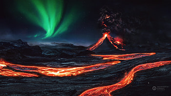 Katla-822, night, 3d, lava flow, lava, sky HD wallpaper