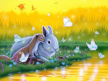 Friends on yellow River, river, grass, yellow, animals HD wallpaper