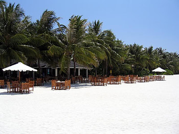 Beach Cafe, sand, cafe, ocean, beach HD wallpaper