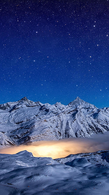 Starry night charm, Snow-covered peaks, Serene beauty, Nighttime enchantment HD phone wallpaper