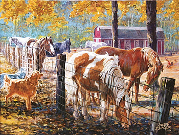 Horses, dog, artwork, barn, painting, fence, trees, autumn, Ranch HD wallpaper