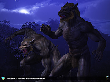 midnight blue, darkness, moon, werewolfs, clouds, trees HD wallpaper