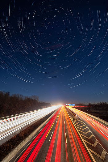 Cities, Night, Road, Traffic, Movement, Starry Sky, Illumination, Backlight, Long-Term Exposure HD phone wallpaper
