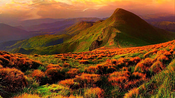 Autumn, landscape, horizon, sunset, mountain HD wallpaper