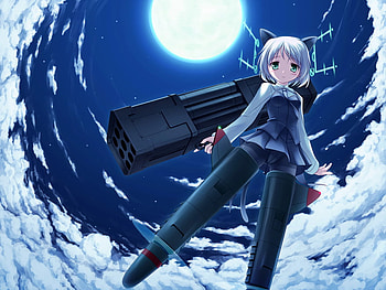Under Moonlight, night, strike witches, anime, mecha, moon, clouds, gun, fly, sky HD wallpaper