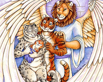 Blessed Child, wings, white, baby, angel, lion, fantasy, family, mother, father, tigers HD wallpaper