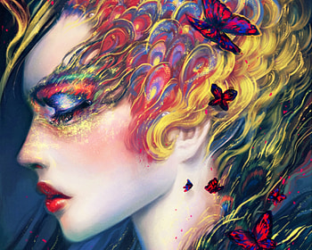 Beauty, blue, art, girl, woman, butterfly, fantasy, reaper-bunny, yellow, red, face, luminos HD wallpaper