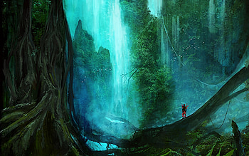 Waterfall, blue, fantasy, art, green, ignacio de la calle, luminos HD wallpaper