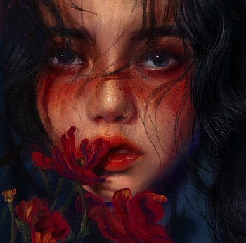Red, art, 8moon, dark, poppy, fantasy, portrait, flower, face, luminos HD wallpaper