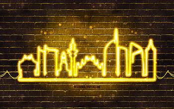 Milan yellow neon silhouette, , yellow neon lights, Milan skyline silhouette, yellow brickwall, italian cities, neon skyline silhouettes, Italy, Milan silhouette, Milan HD wallpaper