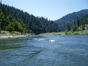 Rogue River Oregon, trees, river, sky, mountains HD wallpaper