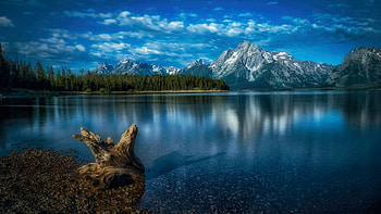 Jackson Lake, Grand Tetons, Wyoming, trees, clouds, landscape, sky, water, mountains, usa, reflections HD wallpaper