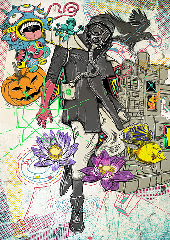 Fantasy, Art, Fishes, Lotus, Mask, Gas Mask, Human, Person, Raven, Dreams, Reverie HD phone wallpaper