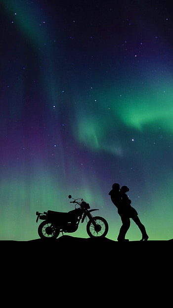 Couples, Aurora borealis, Motorcycle, Love HD phone wallpaper