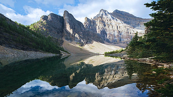 Reflections in the Rockies, Banff, Alberta, water, canada, reflections, clouds, trees, sky HD wallpaper