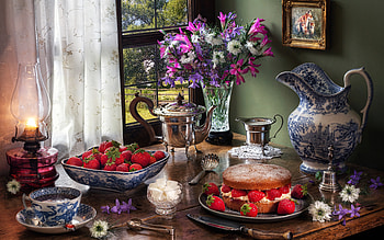 Still Life Coffee and Strawberries, strawberries, drink, still life, coffee, fruit, food HD wallpaper