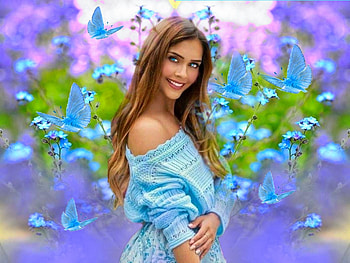 Delicate Blue, bright, bold, girl, flowers, colorful, blue, white, vibrant, butterflies, purple, vivid HD wallpaper
