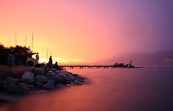 Magic Nature, crimson, glowing, rocks, suset, lake, firey, cool, autumn, dock, reflectionpeople, stunning HD wallpaper