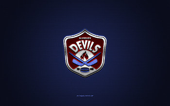 Nijmegen Devils, Dutch hockey club, red logo, blue carbon fiber background, BeNe League, hockey, Nijmegen, Netherlands, Nijmegen Devils logo HD wallpaper