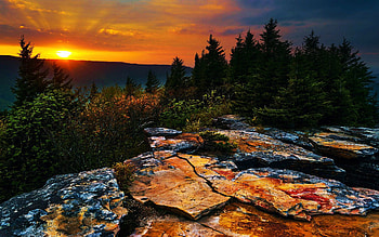 West Virginia Highlands, sky, rocks, usa, clouds, trees, colors HD wallpaper