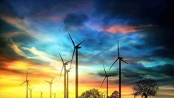 Windmills, cloudy sky, sunset HD wallpaper