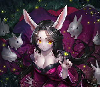 Princess Kaguya, white, cute, girl, bunny, purple, pink, anime, fantasy, st cygnus, iepuras, ears, luminos, manga HD wallpaper