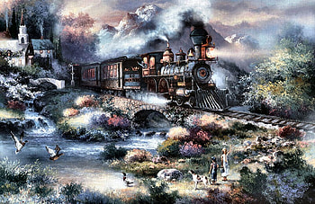 Spring Creek Express F1, little girl, children, art, engine, train, express, artwork, wide screen, painting, tracks, locomotive, railroad HD wallpaper