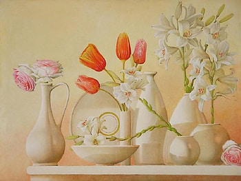 Still Life Painting, table, plate, painting, vases, flowers, bowl HD wallpaper