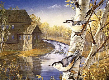 Birds painting, river, bird, art, painting HD wallpaper