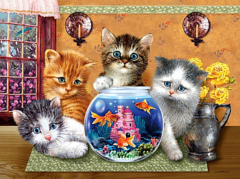 In the Showroom, artwork, kitten, painting, glass, cat, fish HD wallpaper