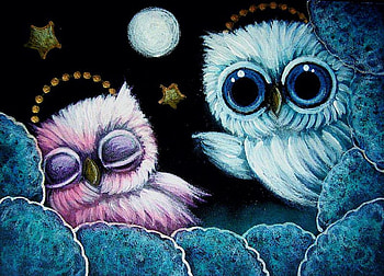 Dreaming Owl, night, artwork, painting, moon, stars HD wallpaper