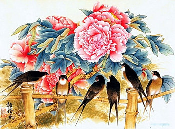Japanese Art, artwork, flowers, birds, blossoms HD wallpaper
