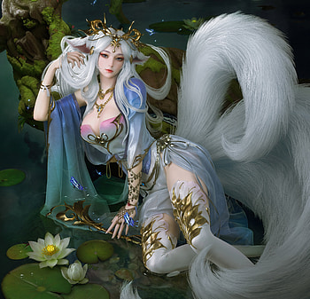 Kitsune, girl, cgaet, ahri, fox, nine tails, cgart, frumusete, cg, flower, lotus HD wallpaper