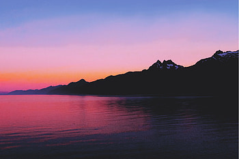 Silhouette, mountains, coast, sea, sunset HD wallpaper