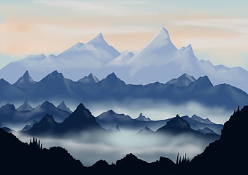 Mountains, digital art, dawn, sunrise, horizon HD wallpaper