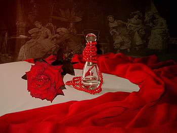 Rose and perfume, rose, pretty, smell, red, pearls, perfume, lovely, nice HD wallpaper