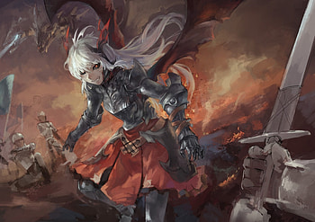 Evil Vampire, black, battlefield, knight, fight, long hair, beauty, lady, abstract, fantasy woman, female, wings, art, beautiful, armor, woman, dess, swords, fantasy, pretty, battle, white hair, red, demon wings HD wallpaper