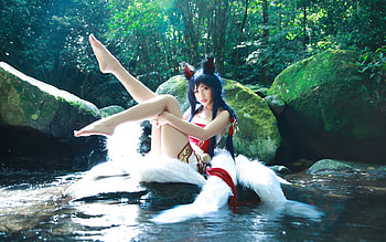 Ahri, summer, model, girl, fox, water, woman, vara, cosplay HD wallpaper