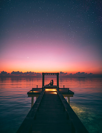 Pier, sunset, silhouette, sea HD phone wallpaper