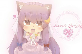~June Bride~, brown eyes, purple hair, wedding dress, patchouli knowledge, catgirl, long hair, chibi, anime, animal ears, touhou, blush, bride HD wallpaper