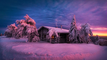 Deep Winter, rocks, colors, landscape, trees, clouds, sky, cabin HD wallpaper