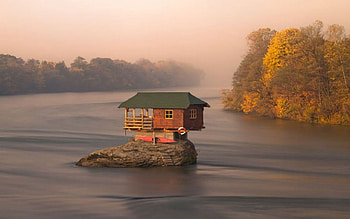 Little House On The River, trees, river, rock, house HD wallpaper