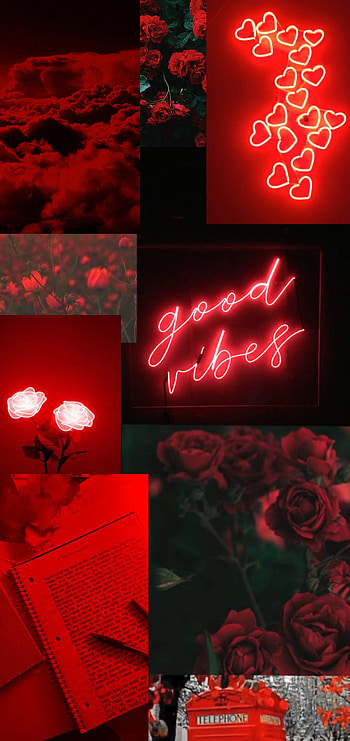 Aesthetic Red, neon, hearts, rose, clouds, good_vibes, tele_booth, flower, notebook HD phone wallpaper